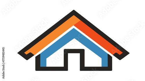 Stylized geometric house icon with orange and blue layered roof and black outline. Modern abstract home symbol for real estate or property.