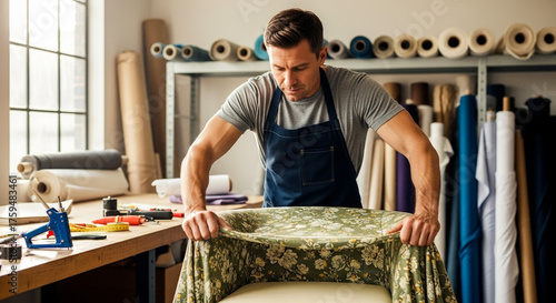 Male upholsterer stretching fabric over chair cushion in workshop, furniture renovation process