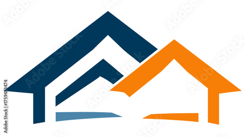 Abstract home and house icons in blue and orange, symbolizing real estate, property, housing, and community development.