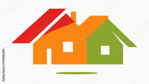 Abstract colorful house icon illustration, split orange and green, symbolizing home, real estate, property, and community.