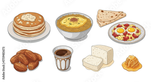 AZE 2220.eps - A delicious collection of breakfast food items, including pancakes, dates, coffee, and more, perfect for culinary inspiration