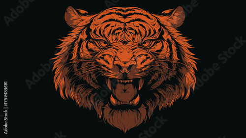 Roaring tiger head illustration in striking orange on a dark background, showcasing fierce wild animal power and predatory strength.