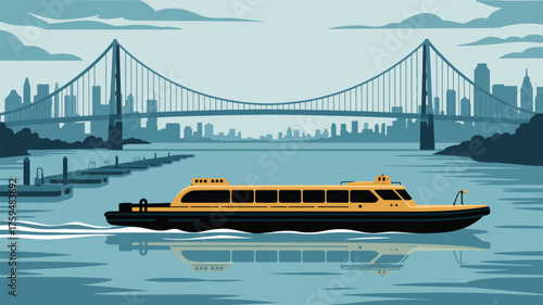 A boat sailing on water with a bridge and city skyline in the background vector illustration art