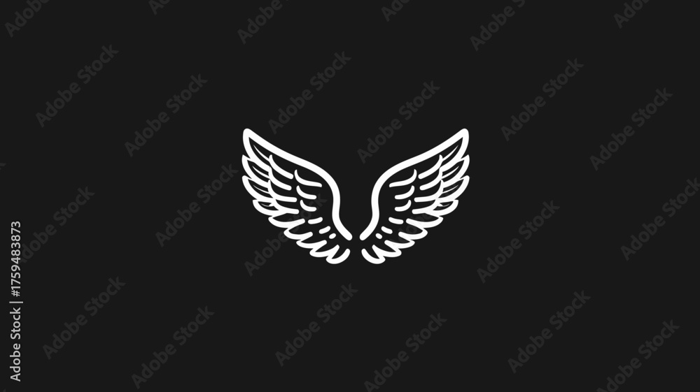 Obraz premium Minimalist White Outline Wings Icon on Black Background, Graphic Design Element Symbolizing Freedom, Flight, and Spirituality