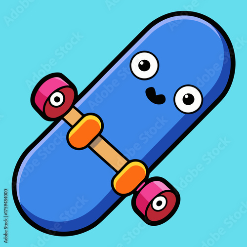 Cute blue cartoon skateboard character with big eyes and smiling face