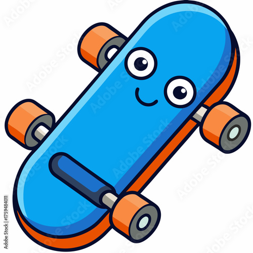 Cute cartoon blue skateboard with a happy face and orange wheels