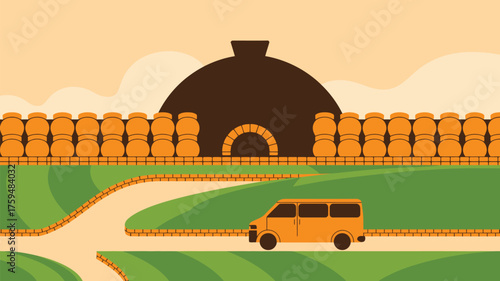 Illustration of a tan van driving on a path with a large oven structure and hay bales behind it