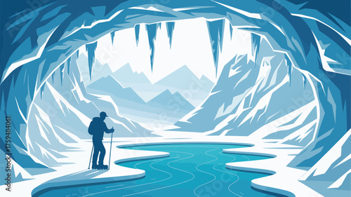 A hiker stands at the entrance of an ice cave with a frozen lake and distant mountains in the background