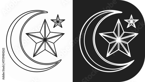 Black And White Pentagram Star With Crescent Moon And Stars Icons vector illustration