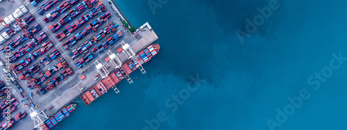 Aerial view of container cargo ship at sea port terminal, Container cargo ship in import export logistic freight shipping, Logistics transportation international by container cargo ship.
