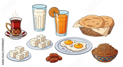 A delicious breakfast spread featuring Turkish tea, sweet cheese, dates, fried eggs, and orange juice