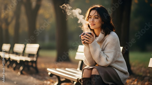 cozy realistic indoor photo of couple in fall outfits, woman in cream cardigan, man in olive sweater, soft cafe lighting, steam from coffee cups, candid natural tone