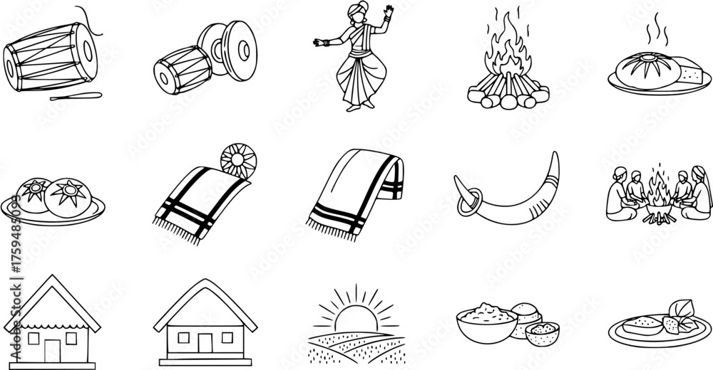 Fototapeta premium Assamese Bihu Festival Cultural Elements: Traditional Drums, Dance, Food, Attire, and Harvest Celebration Line Art Icons