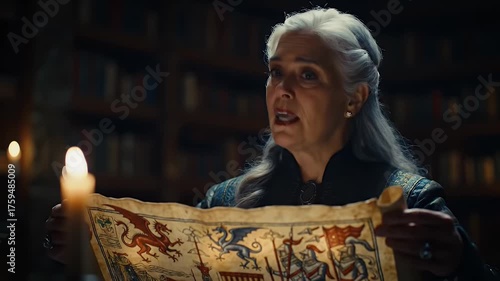 Silver-haired woman holds illustrated map in dim, old library