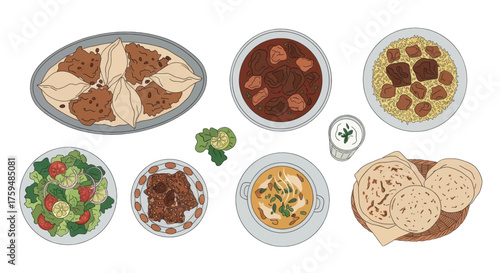 A collection of delicious and hearty food dishes served in bowls and plates, perfect for a feast