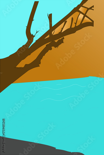 Vector view of a lake under a dried tree