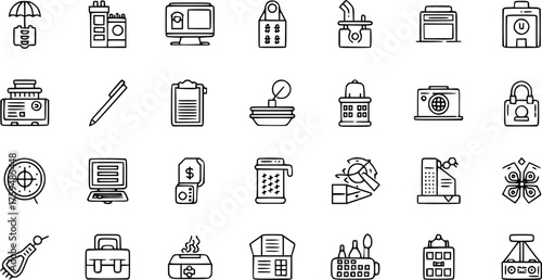 Collection of Outline Icons for Business, Technology, Finance, Home, and Daily Life. Simple Line Art Vector Set for Web and Print.