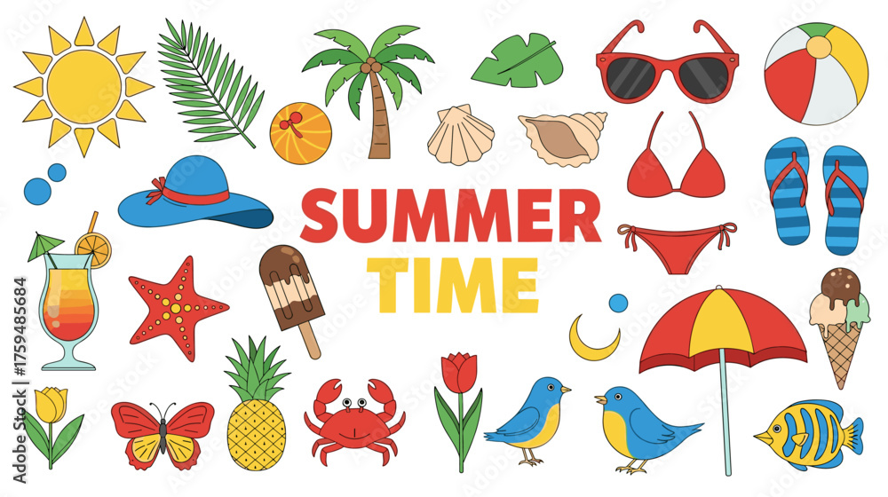 Fototapeta premium Summer time illustration, colorful vector of beach elements, tropical drinks, sun, bikini, crab, ice cream, and vacation symbols