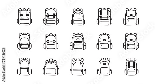 Collection of six different backpack icons in outline style on white