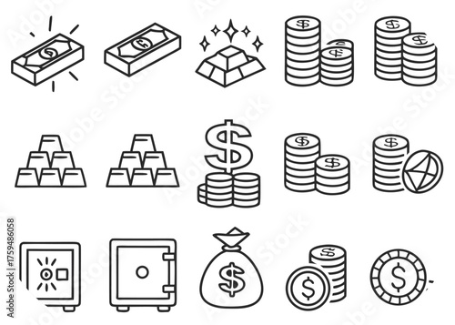 Collection of financial icons including money stacks gold bars safes and coins Keywords: money finance wealth currency