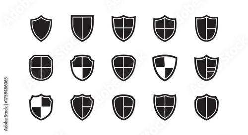 Collection of six unique shield icons in various styles security concept