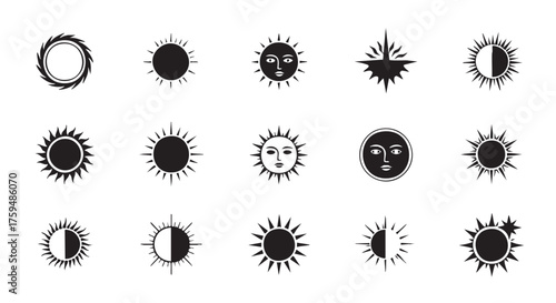 Collection of six sun icons in different styles vector illustration