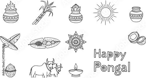 Happy Pongal festival outline illustration set with traditional South Indian harvest symbols: boiling pot, sugarcane, sun, cows, and banana leaves.