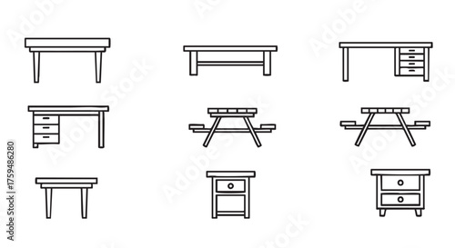 Collection of tables in outline design for interior design or furniture shop