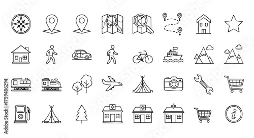 Collection of travel icons in minimalist black and white style
