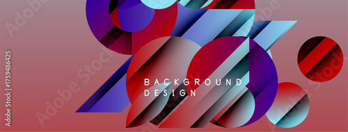 Abstract geometric shapes overlap, creating vibrant color gradients. Red background complements blue, purple hues. Modern design element.