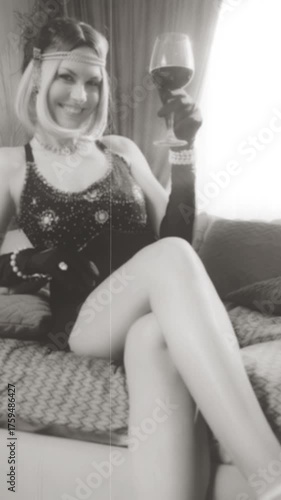 black and white film color. Roaring twenties Retro lady hand holding glass of wine drink, Beauty face holiday make-up woman old style 20s. Happy Blonde hair sexy Girl sitting on bed. vertical video