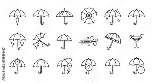 Collection of whimsical umbrella icons in a seamless repeating pattern