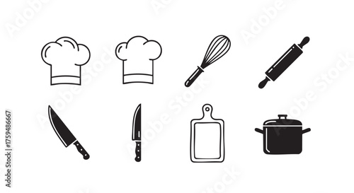 Culinary illustration with chefs hats and sharp kitchen knives cooking concept