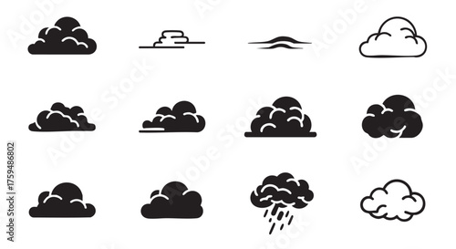 Diverse cloud shapes illustration in black and white simple vector design