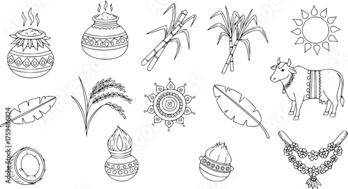 Pongal Festival Traditional Elements and Symbols Outline Vector Icons Set. Featuring Sugarcane, Rice Pot, Cow, Sun, Banana Leaves, and Rice Stalks for South Indian Harvest.