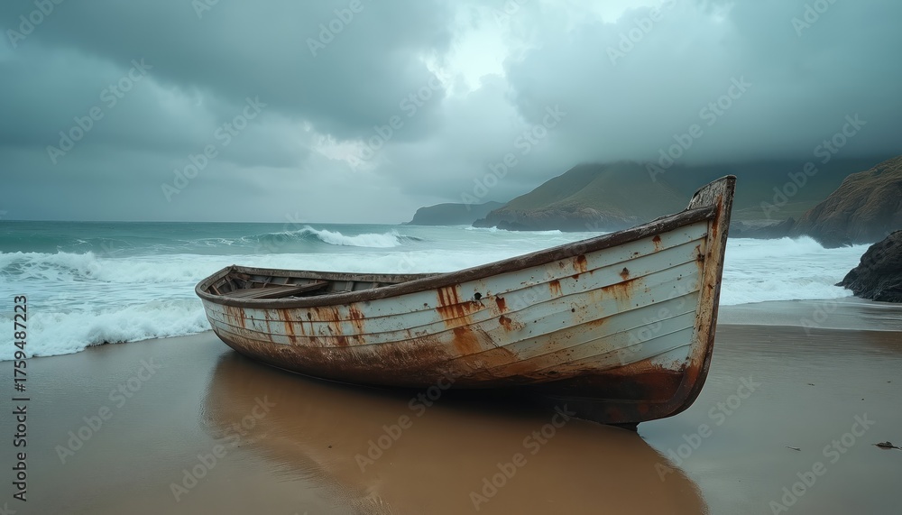 Fototapeta premium An old weathered boat rests on a sandy beach. The rustic vessel shows signs of decay against a stormy sea. Coastal landscape with waves and dramatic sky represents time.