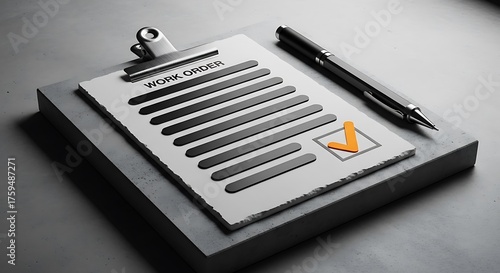 Stylish work order checklist with orange checkmark and sleek pen ready for business tasks or project management in a modern office setting