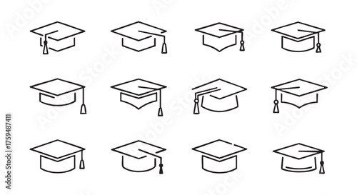Graduation Cap Icons Set Minimalist Line Art Design Concept
