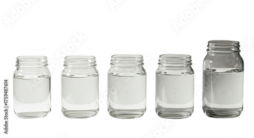 Row of five transparent glass jars filled with varying levels of clear water on white background, perfect for scientific or kitchen use