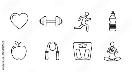 Healthy lifestyle vector icons set heart dumbbell apple and jump rope