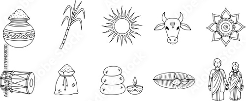 Black and white line art vector icons for Indian harvest festivals like Pongal and Makar Sankranti, featuring traditional symbols such as sun, cow, pot, sugarcane, drum, and couple.