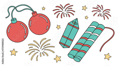 Festive New Year Celebration Elements With Fireworks And Ornaments party