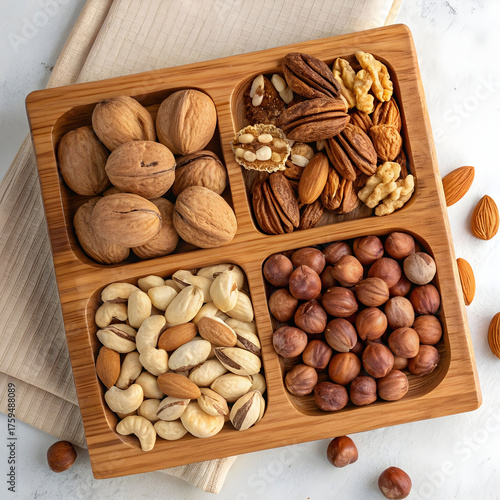 top view of nuts mix and almond on a wooden tray