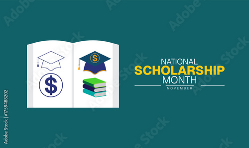 National Scholarship Month Poster Banner and Background Abstract Design Template with Graduation Cap and Diploma Illustration for Education Funding Awareness Academic Success and Student Support