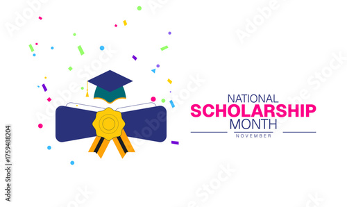 National Scholarship Month Poster Banner and Background Abstract Design Template with Graduation Cap and Diploma Illustration for Education Funding Awareness Academic Success and Student Support