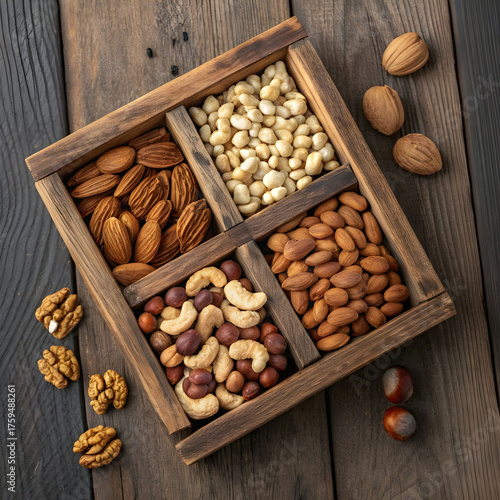 top view of nuts mix and almond on a wooden tray