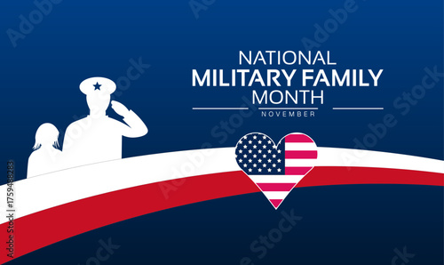 National Military Family Month Poster Banner and Background Abstract Design Template with Soldier Silhouette and Family Illustration for Honor Support Awareness and Patriotic Community Celebration Cam
