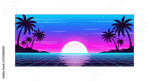 Retro sunset seascape with palm trees and grid reflection evoking nostalgic ambiance