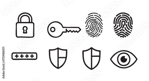 Outline icons representing security measures for privacy and data protection