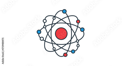 Colorful atomic structure icon, depicting electrons orbiting a nucleus isolated on white,